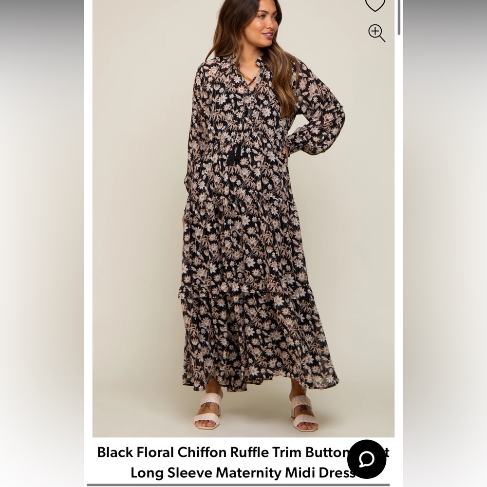 Black Floral Chiffon Ruffle Trim Button Front Long Sleeve Maternity Midi Dress